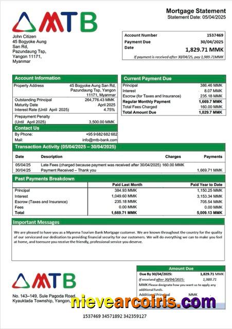 Myanma Tourism Bank mortgage statement Word and PDF template